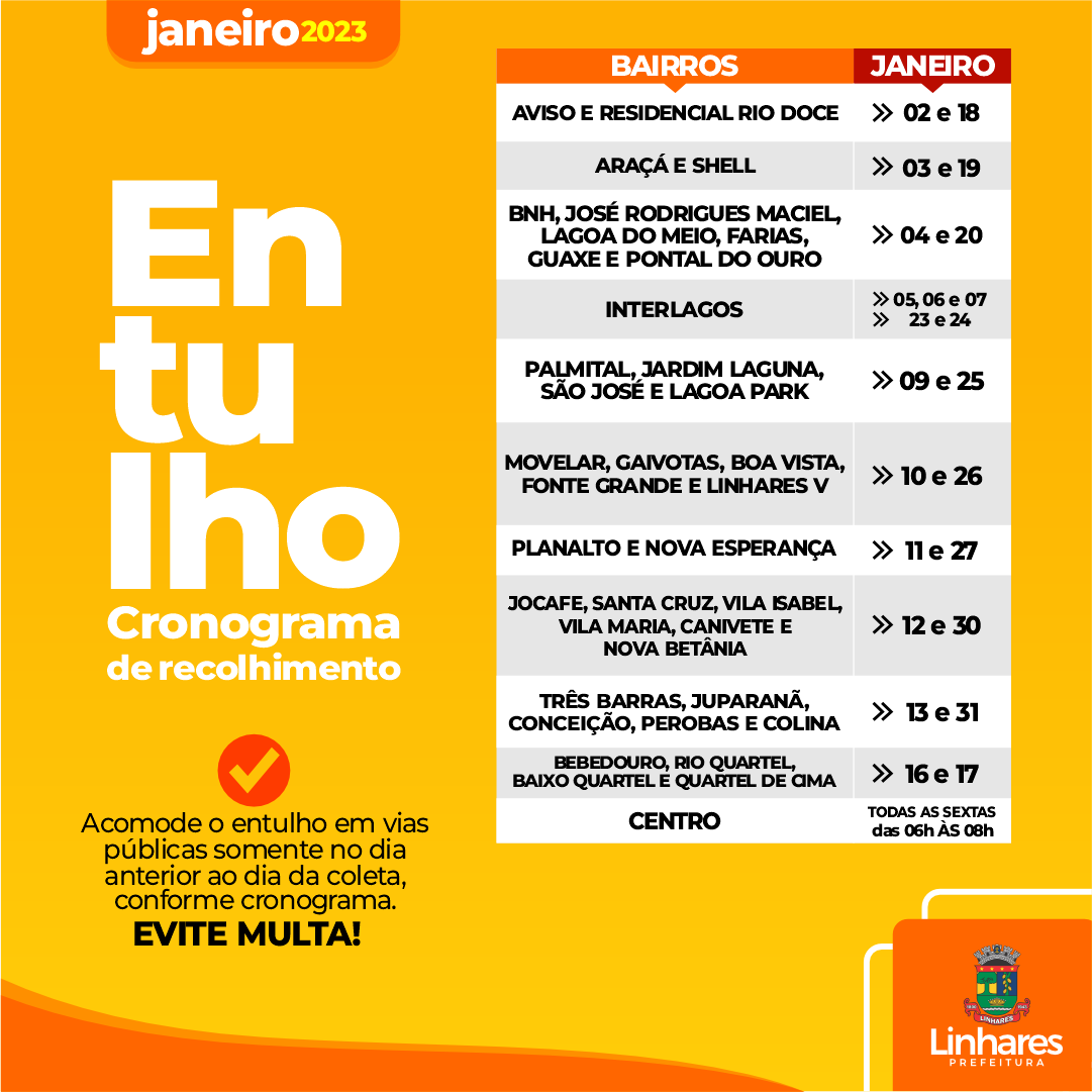 Recolhimento de entulhos passará em 23 bairros de Linhares nesta semana