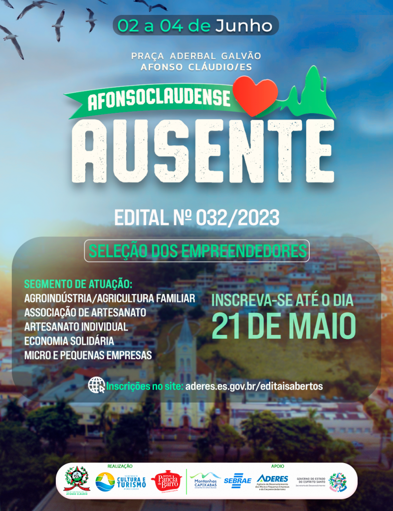 Aderes lança o Edital Nº 032/2023 para seleção de empreendedores para a feira da Festa do Afonsoclaudense Ausente