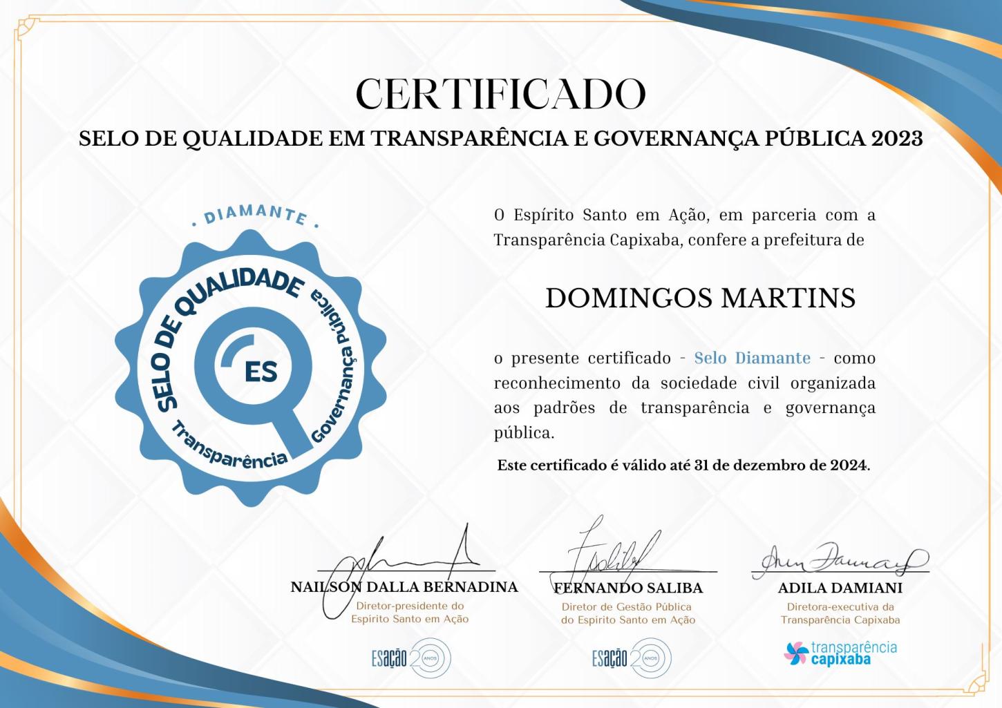 Prefeitura de Domingos Martins conquista Selo Diamante em transparência e governança pública!